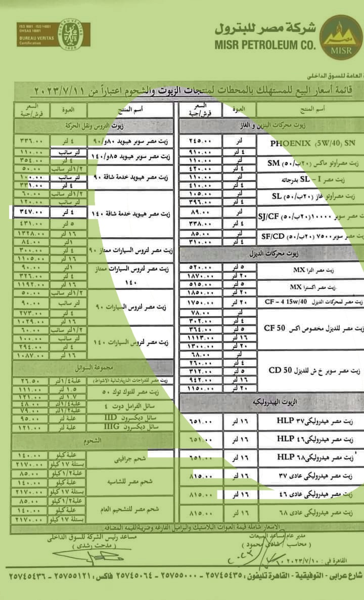 شركة مصر للبترول ترفع أسعار الزيوت بمختلف أنواعها